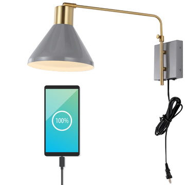 Max 20.5" Swing Arm Modern Midcentury Iron USB Charging Port LED Sconce - JONATHAN Y